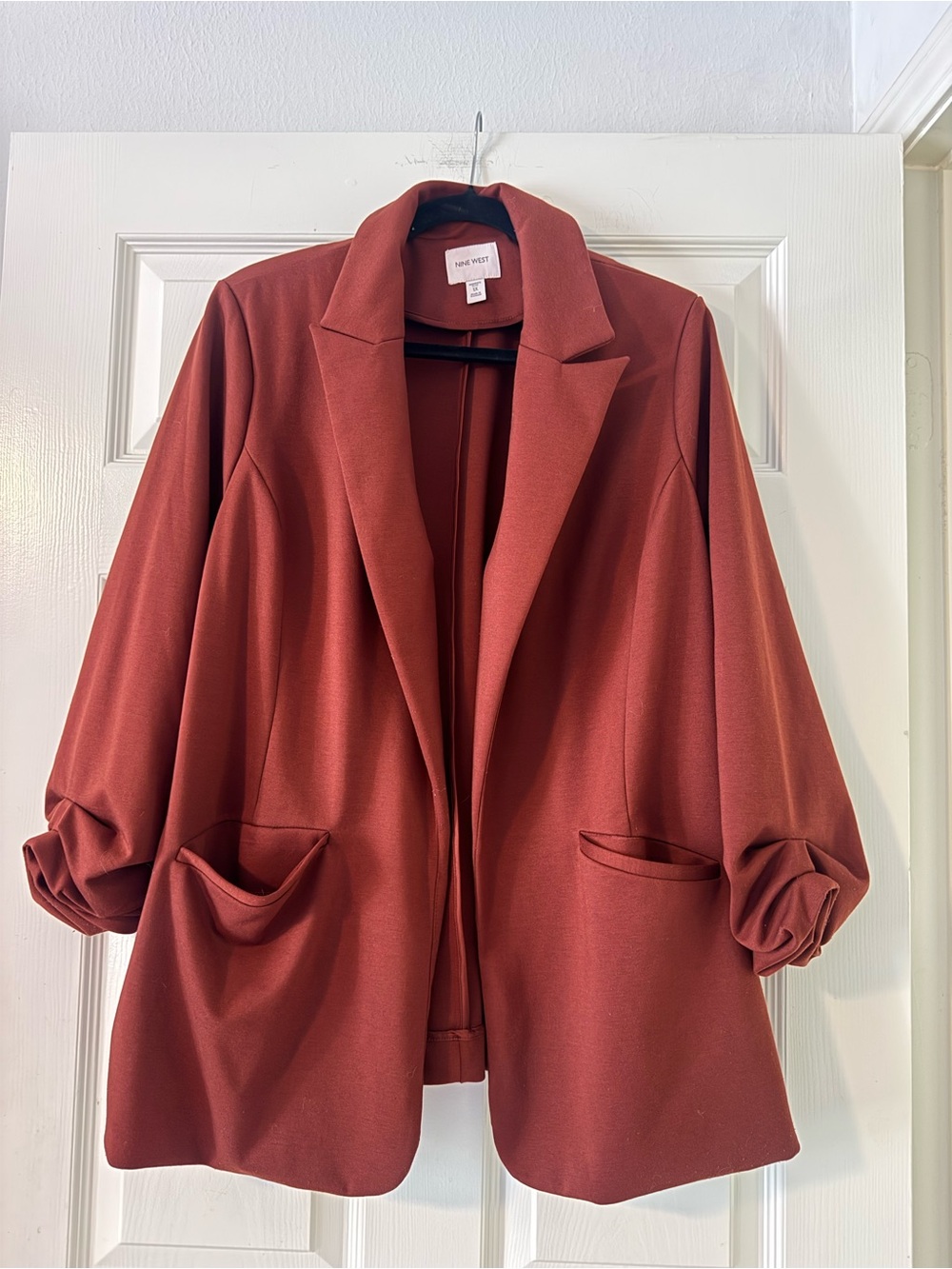 Nine West Rust Open-Front Knit Blazer Jacket with Scrunched Sleeve